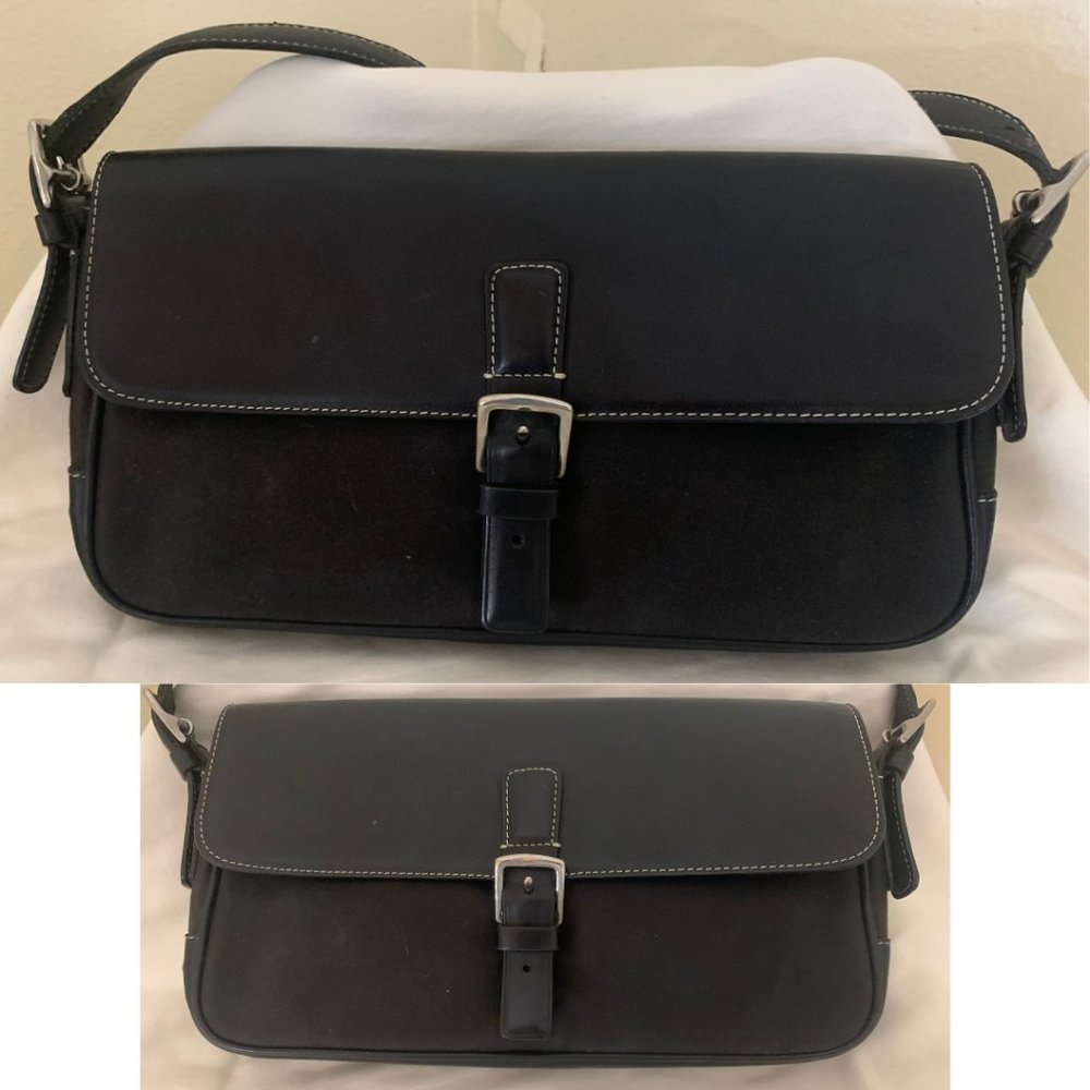 Coach Hampton Shoulder Purse Bag Handbag Black Leather Black Canvas + Coinpurse